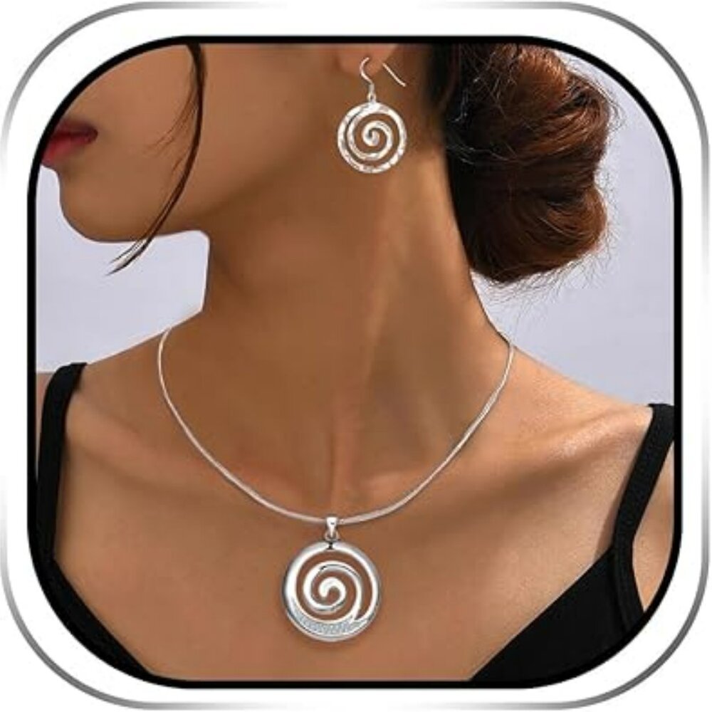 Circles Silver Hoop Earring and Necklace Set Hypoallergenic Elegant‎ Fashion